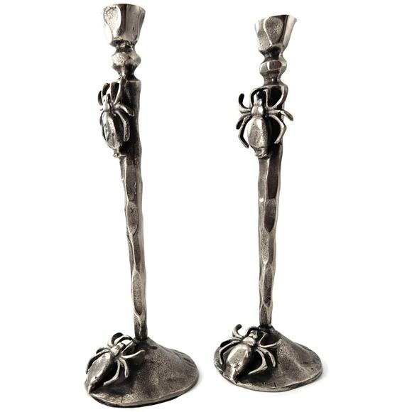 Gothic Halloween Spider Candle Holder Pair Black Metal Spooky Taper Candle Decor - Picture 7 of 12